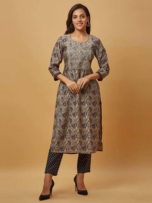 urban mystic grey & black embroidered kurta pant set with dupatta