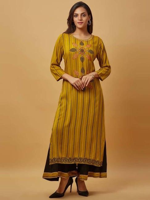 urban mystic yellow & black embroidered kurta palazzo set