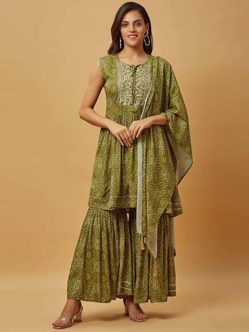 urban mystic green embroidered kurti sharara set with dupatta