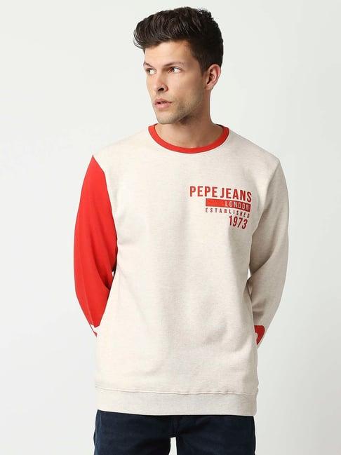 pepe jeans cream & red round neck full sleeves sweatshirt