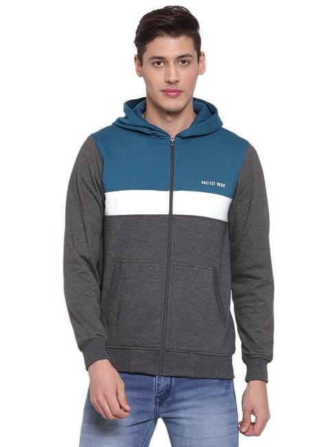 kalt dark grey & teal full sleeves hooded sweatshirt