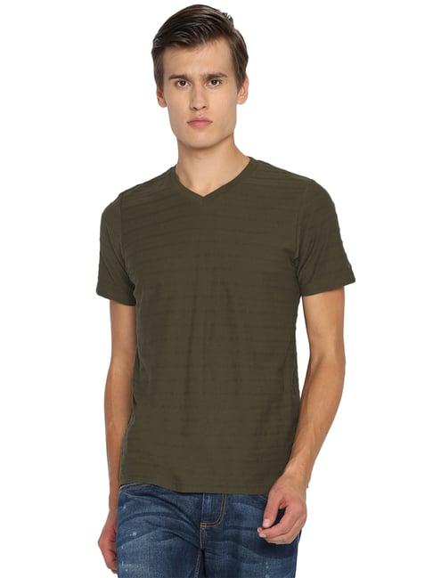 basics olive cotton slim fit striped t-shirt