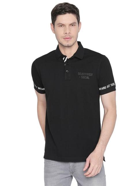 basics black cotton slim fit printed polo t-shirt