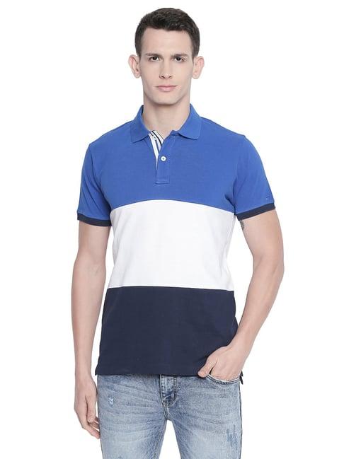 basics blue cotton slim fit colour block polo t-shirt