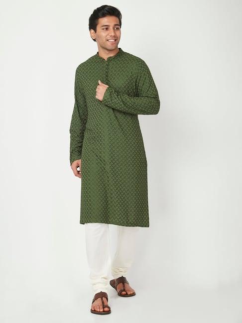 ethnicity green & white embroidered kurta churidar set