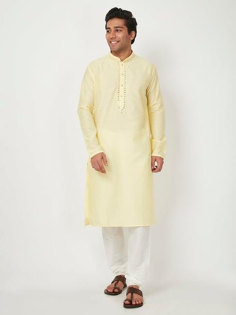 ethnicity light yellow embellished kurta churidar set