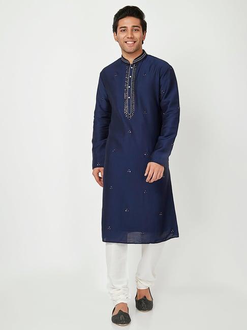 ethnicity navy & white embellished kurta churidar set