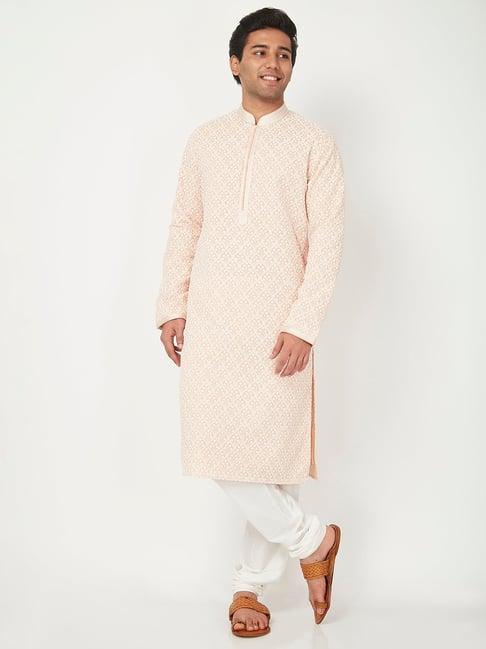 ethnicity peach & white embellished kurta churidar set