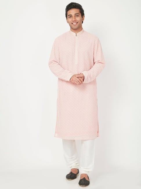 ethnicity pink & white embellished kurta churidar set