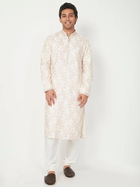 ethnicity pink & white floral print kurta churidar set