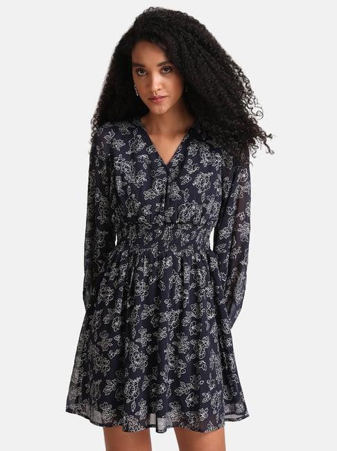 kazo blue floral print mini wrap dress