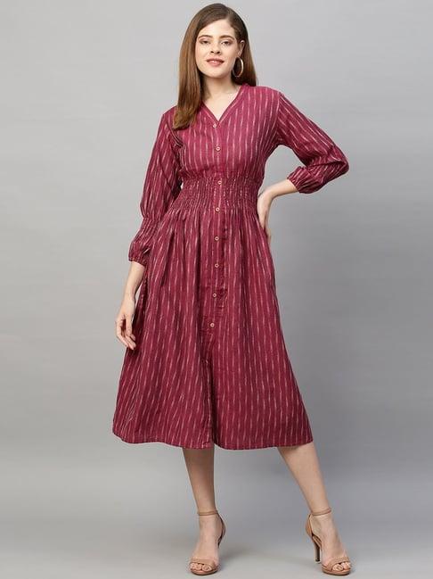 fashor purple pure cotton striped a-line dress