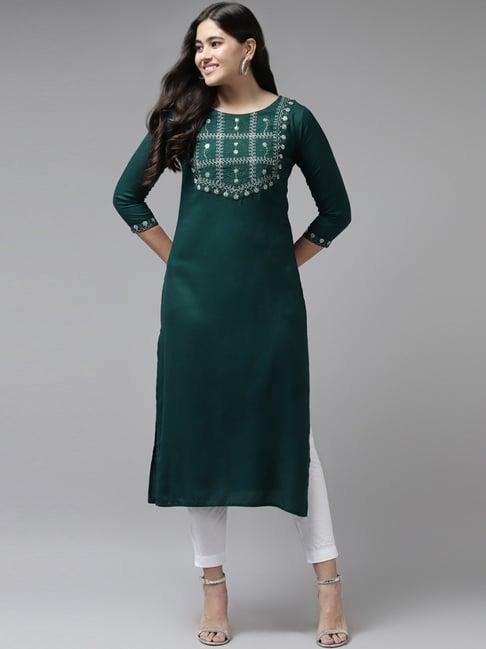 yufta teal green embroidered straight kurta