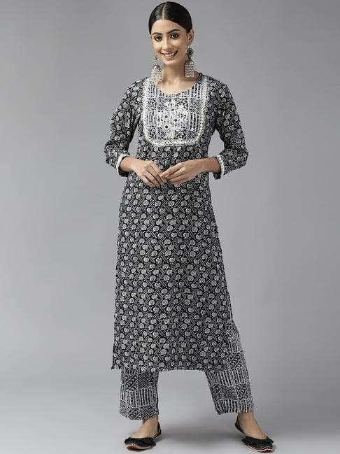 yufta black embroidered kurta palazzo set