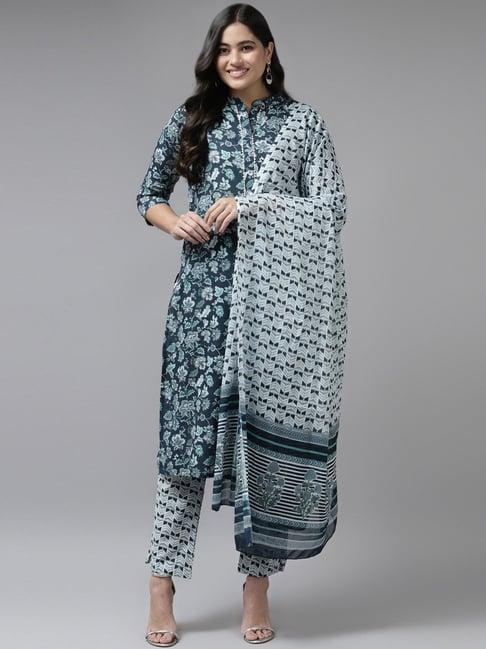 yufta navy & white cotton printed kurta pant set with dupatta