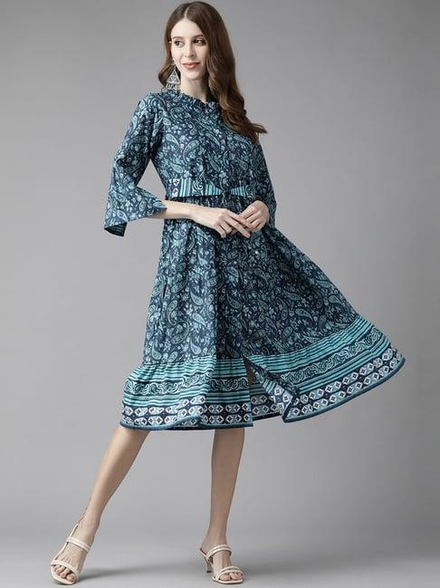 rain and rainbow navy cotton printed a-line dress