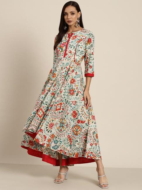 rain and rainbow green cotton floral print high-low dress