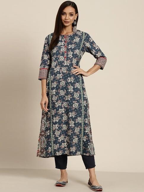 rain and rainbow navy cotton floral print straight kurta