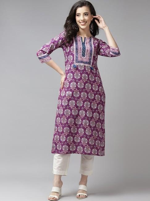 rain and rainbow purple cotton printed straight kurta