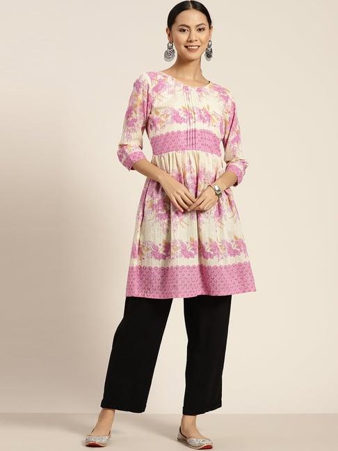 rain and rainbow cream & pink cotton floral print a line kurti