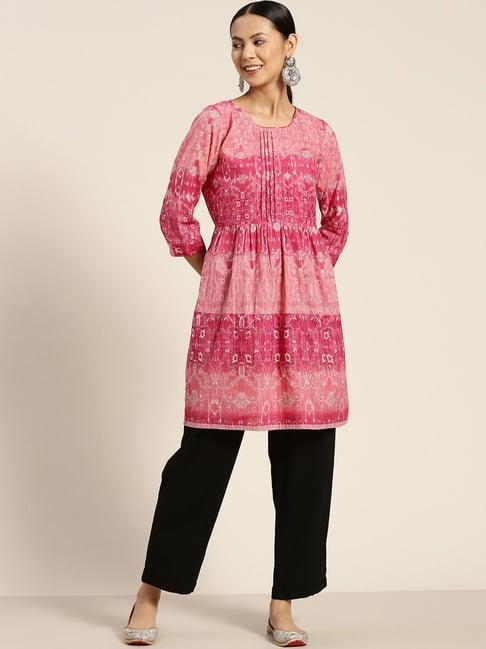 rain and rainbow pink cotton floral print a line kurti