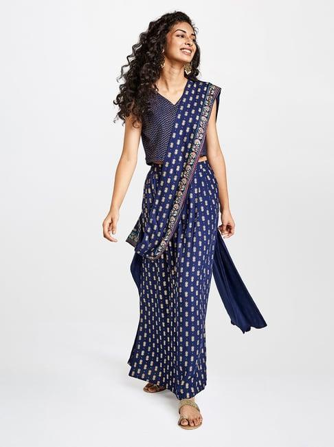 global desi navy printed ready to wear sarees