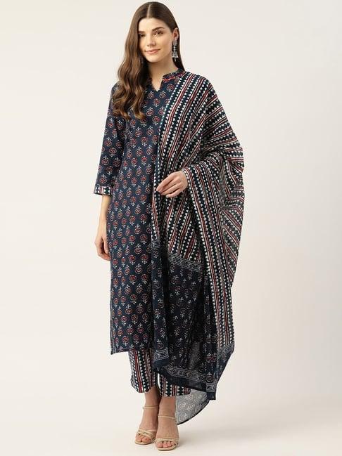 maaesa blue cotton printed kurta pant set with dupatta