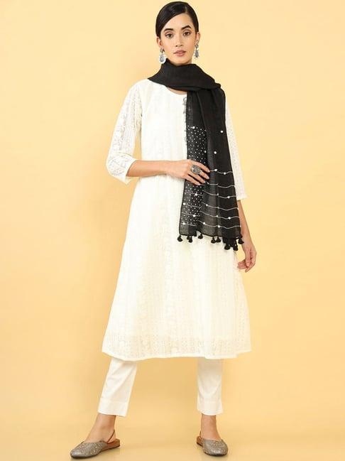 soch black linen embroidered dupatta