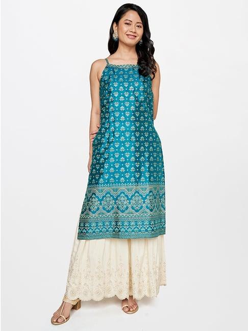 global desi teal printed straight kurta