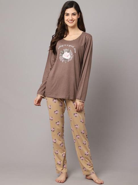 kanvin brown printed t-shirt with pyjamas