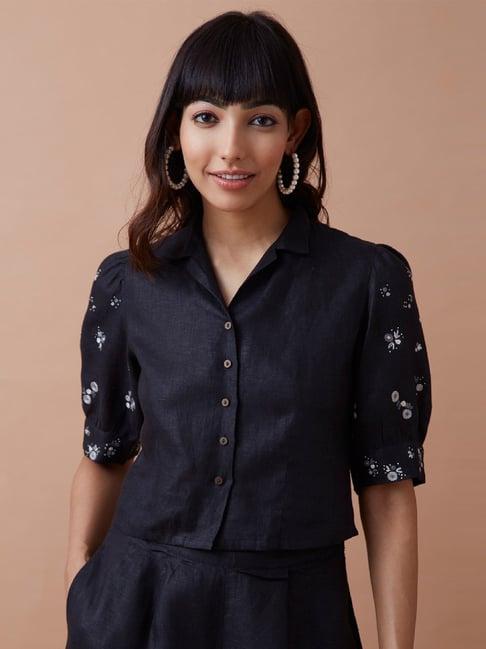 okhai mighty black linen hand embroidered shirt