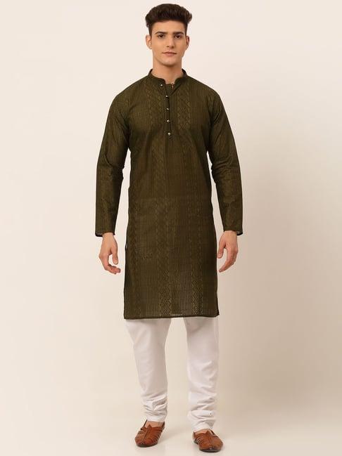 jompers olive green cotton regular fit embroidered kurta set