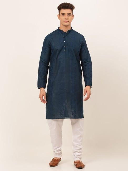 jompers teal blue cotton regular fit embroidered kurta set