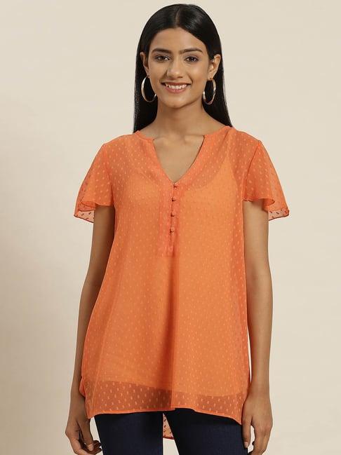 qurvii orange printed v-neck top