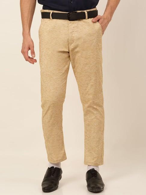 jainish beige cotton tapered fit self pattern trousers