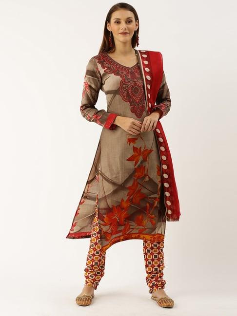 rajnandini olive green & maroon cotton printed unstitched dress material