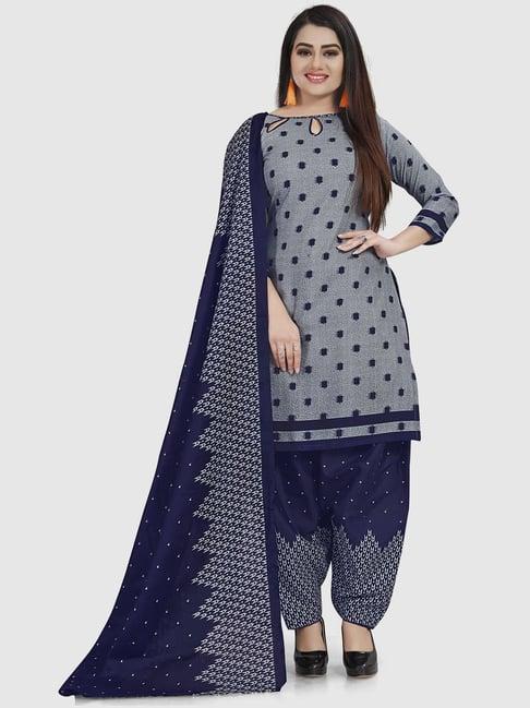 rajnandini grey & blue cotton printed unstitched dress material