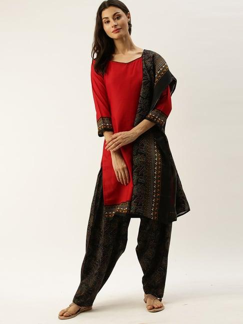 rajnandini red & black cotton printed unstitched dress material