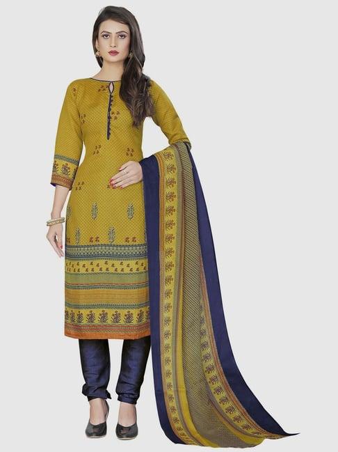 rajnandini mustard & blue cotton printed unstitched dress material