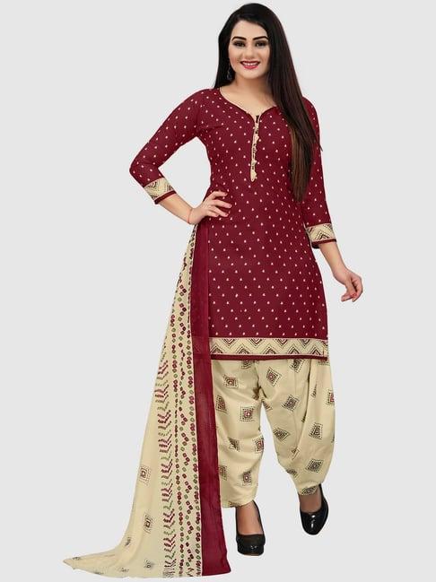 rajnandini maroon & beige cotton printed unstitched dress material