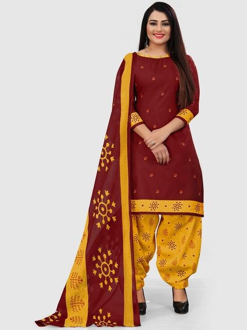 rajnandini maroon & yellow cotton printed unstitched dress material