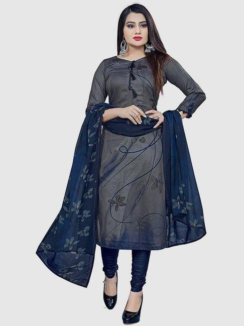 rajnandini grey & blue cotton printed unstitched dress material