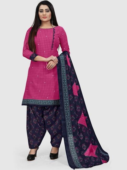 rajnandini pink & blue cotton printed unstitched dress material