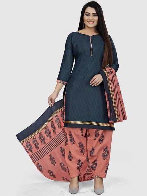 rajnandini navy & orange cotton printed unstitched dress material