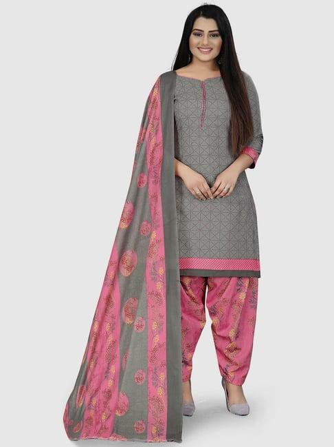 rajnandini grey & pink cotton printed unstitched dress material