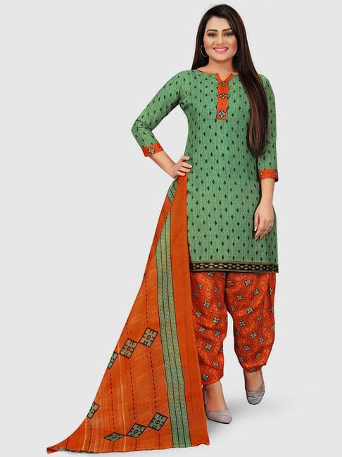 rajnandini green & orange cotton printed unstitched dress material