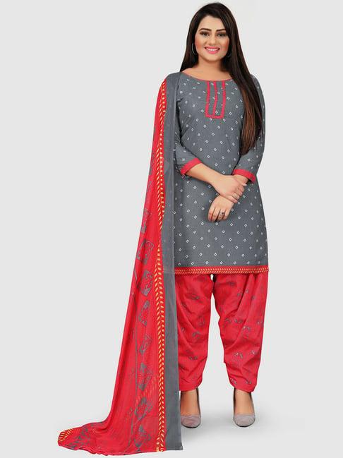 rajnandini grey & red cotton printed unstitched dress material