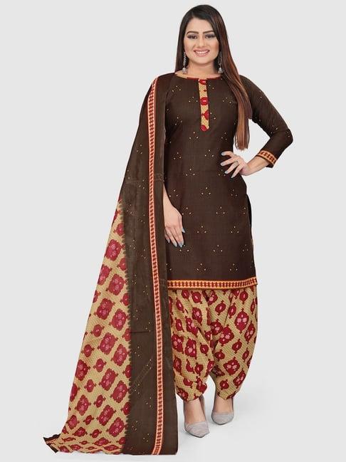 rajnandini brown & yellow cotton printed unstitched dress material