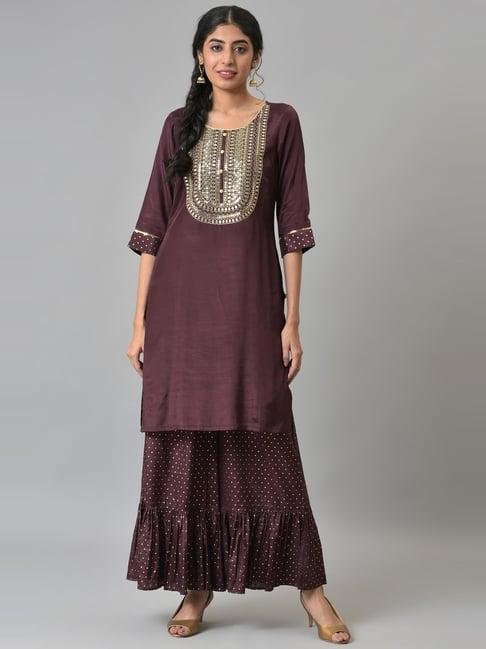 aurelia women brown solid viscose kurta set with sharara