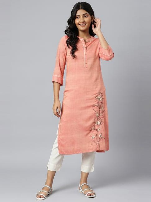 aurelia orange embroidered straight kurta